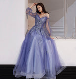Blue tulle lace long prom dress A line evening gown HZ1023