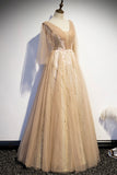 Champagne v neck lace long prom dress A line evening dress HZ1023