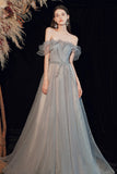 Shiny tulle long prom dress A line evening dress HZ1023