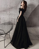 Black tulle beads long A line prom dress evening dress HZ1023