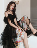 Unique design black tulle short prom dress HZ1023