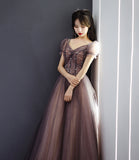 Cute tulle beads long prom dress A line evening dress HZ1023