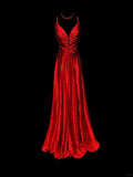 Red shiny fashion elegant V-neck long mermaid slim fishtail skirt satin floor-length train ball gown evening dress party dress prom dress HZ1023