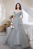 Gray tulle sequins long prom dress A line evening dress HZ1023