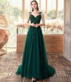 Green tulle lace long prom dress A line evening dress HZ1023