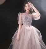 Cute tulle sequins long prom dress fashion girl dress HZ1023