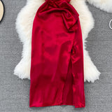 V-neck slim slim acetate Satin pleated split dress dress HZ1023