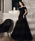 Black tulle beads long A line prom dress evening dress HZ1023