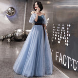 Blue tulle long A line prom dress evening dress HZ1023