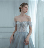 Grey tulle beads long prom dress evening dress HZ1023