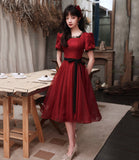 Burgundy tulle short A line prom dress homecoming dress HZ1023