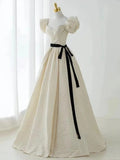 White Elegant Fashion Elegant Textured Long Satin short sleeves Floor-Length Prom Dress Evening Dress Princess Graduation Dress Adult Ceremony Dress HZ1023