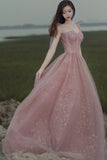 Pink A line prom dress pink tulle evening dress HZ1023