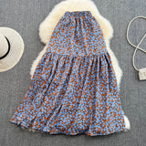 Vintage elastic waist stitched broken flower big swing Chiffon HZ1023