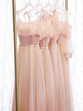Pink tulle sequins long prom dress HZ1023