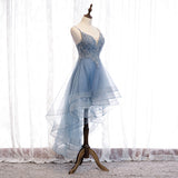 Cute v neck lace short prom dress high low evening dress HZ1023