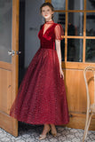Burgundy tulle short prom dress A line evening dress HZ1023