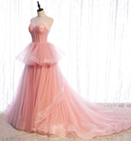 Pink tulle long prom dress A line evening gown HZ1023