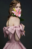 Unique Design Pink Bow Satin Long Prom Dress Princess Dress HZ1023