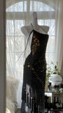 Black Vintage Fashion Delicate Floral Tassel Beaded Long Chiffon Ball Gown Birthday Party Dress Evening Gown Prom Dress HZ1023