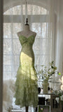 Green Romantic Fashion Elegant Exquisite Beaded Spaghetti Straps Tassel Long Tulle Chiffon Ruffle Ball Gown Evening Gown Party Dress HZ1023