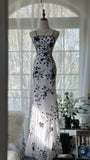White Elegant Romantic Exquisite Black flowers Long Chiffon Ball Gown Evening Dress Birthday/Wedding Guest/Vacation Party Dress Prom Dress HZ1023