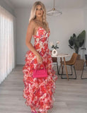Hot Red Floral Print A-Line Backless Ruffle Long Chiffon Elegant Sexy Ball Gown Evening Dress Party Dress HZ1023