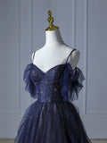 Blue beautiful gradient shiny beads spaghetti strap tulle long ball gown evening dress HZ1023