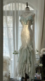 White Mint Green Romantic Fashion Elegant Delicate Beaded Lace Spaghetti Straps Long Tulle Chiffon Ruffle Ball Gown Evening Gown Party Dress HZ1023