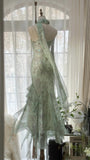 Mint Green Romantic Fashion Elegant Exquisite Beading Spaghetti Straps Long Tulle Chiffon Ruffle Ball Gown Evening Dress Party Dress HZ1023