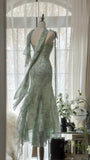 Mint Green Romantic Fashion Elegant Exquisite Beading Spaghetti Straps Long Tulle Chiffon Ruffle Ball Gown Evening Dress Party Dress HZ1023