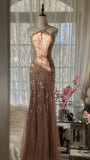 Rose pink luxury gorgeous elegant romantic exquisite beaded long chiffon ball gown evening dress party dress prom dress Valentine's Day date dress HZ1023
