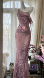 Pink Purple Romantic One Shoulder Fashion Elegant Exquisite Floral Beading Long Chiffon Ball Gown Evening Dress Birthday Holiday Party Dress Prom Dress HZ1023
