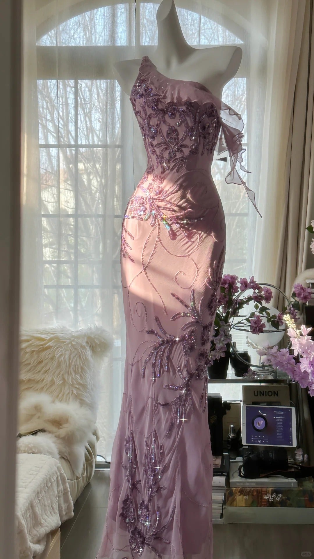 Pink Purple Romantic One Shoulder Fashion Elegant Exquisite Floral Beading Long Chiffon Ball Gown Evening Dress Birthday Holiday Party Dress Prom Dress HZ1023