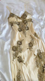 Champagne color gorgeous fashion exquisite beaded lace spaghetti strap long satin ball gown evening dress party dress HZ1023