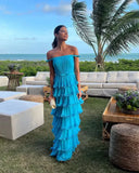 Blue/Yellow Off Shoulder A-Line Tiered Long Chiffon Ball Gown Elegant Ruffle Floor Length Prom Dress Evening Gown Wedding Party Dress HZ1023