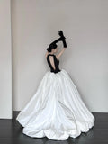 Black and white fashionable and elegant V-neck long satin A-line floor-length ball gown evening dress prom dress HZ1023