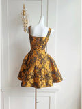 Yellow New Fashion Short Three-Dimensional Embossed Jacquard Fabric Satin Homecoming Dress Birthday Party Dress Cocktail Party Dress Evening Dress Prom Dress Evening Dress HZ1023