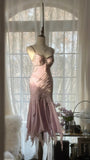Pale Pink Elegant Fashion Sophisticated Beaded Sweetheart Neck Spaghetti Straps Long Chiffon Ruffled Homecoming Dress Prom Dress Evening Dress Birthday/Vacation Party Dress Prom Dress HZ1023