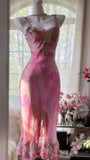 Pink gorgeous gradient exquisite beaded lace long chiffon fairy ball gown evening dress wedding party dress prom dress graduation date dress HZ1023