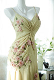 Yellow Elegant Romantic Delicate Pink Floral Beading Spaghetti Straps Midi/Short Chiffon Homecoming Ball Gown Evening Dress Birthday/Wedding Guest/Holiday Party Dress Prom Dress HZ1023