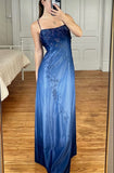 Navy Blue Fashion Ombre Exquisite Beading Elegant Spaghetti Strap Long Satin Ball Gown Evening Dress Party Dress Prom Dress HZ1023