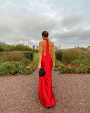 Red simple elegant ribbon backless long slit sexy satin ball gown evening dress wedding guest dress HZ1023