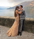 Champagne Gorgeous Elegant Exquisite Floral Appliques Long Mermaid Slim Ball Gown Sleeveless Tulle Prom Dress See-through Evening Dress Wedding Engagement Party Dress HZ1023