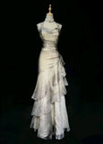 Green/champagne Vintage Elegant Long Lace Ruffle prom dress Evening Dress HZ1023