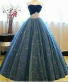 Blue shiny sweet cute charming exquisite floral tulle A-line long prom dress evening dress 16-year-old adult ceremony dress HZ1023