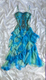 Blue Gradient Shiny Gorgeous Retro Fashion Exquisite Gemstone Beads Long Ankle Length Chiffon Ruffle Ball Dress Evening Dress Party Dress Prom Dress HZ1023