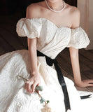 White Elegant Fashion Elegant Textured Long Satin short sleeves Floor-Length Prom Dress Evening Dress Princess Graduation Dress Adult Ceremony Dress HZ1023