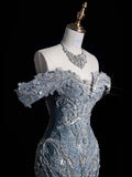???Silver Blue Luxurious Heavy Industry Sparkling Gorgeous Elegant Exquisite Beading Stunning Long Mermaid Dress Sequin Floor Length Trailing Prom Dress Evening Dress Wedding Dress HZ1023