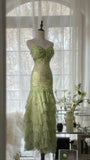 Green Romantic Fashion Elegant Exquisite Beaded Spaghetti Straps Tassel Long Tulle Chiffon Ruffle Ball Gown Evening Gown Party Dress HZ1023
